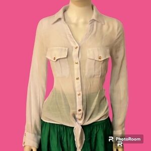 3/$30 VTG Ivy Ridge White Button Down Semi-Sheer Tie Waist Gauze Blouson Blouse